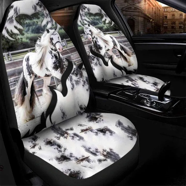 3D All Over Printed Black And White Horse Car Seat Cover Universal Fit, White Horse Carseat Protector