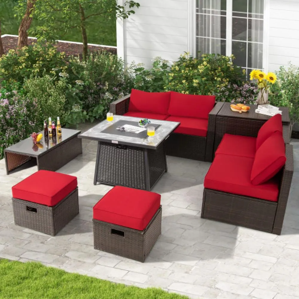 9 Pieces Patio PE Wicker Sectional Set with 50000 BTU Fire Pit Table-Gray