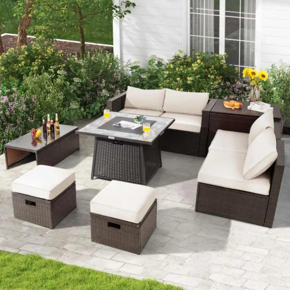 9 Pieces Patio PE Wicker Sectional Set with 50000 BTU Fire Pit Table-Gray