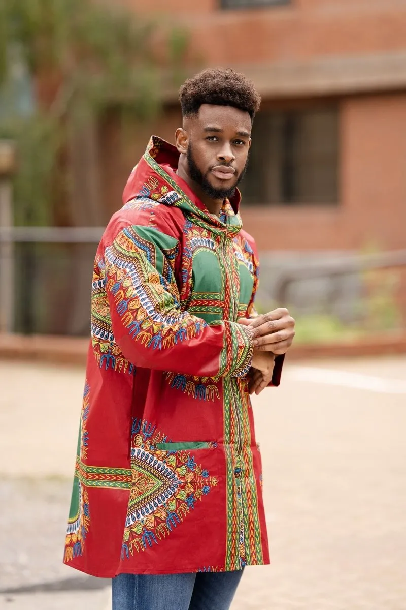 African Hooded Jacket In Red Dashiki