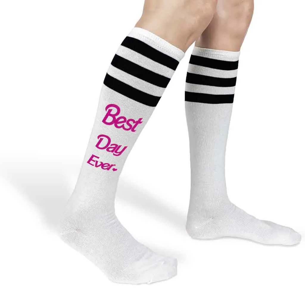 Best Day Ever Knee High Socks with Barbie Pink Stripes