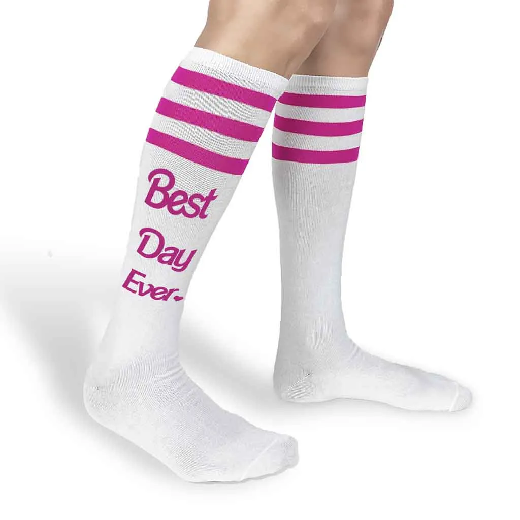 Best Day Ever Knee High Socks with Barbie Pink Stripes