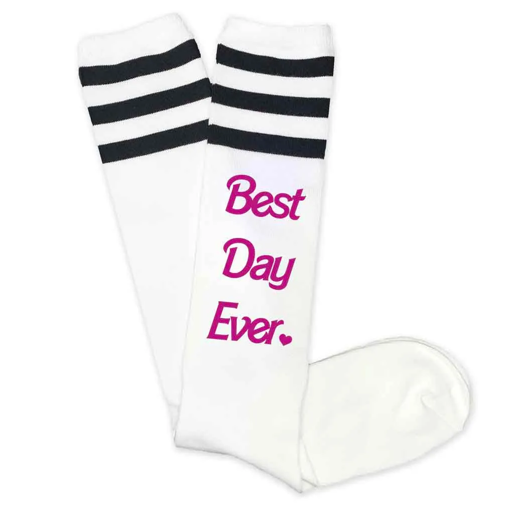 Best Day Ever Knee High Socks with Barbie Pink Stripes