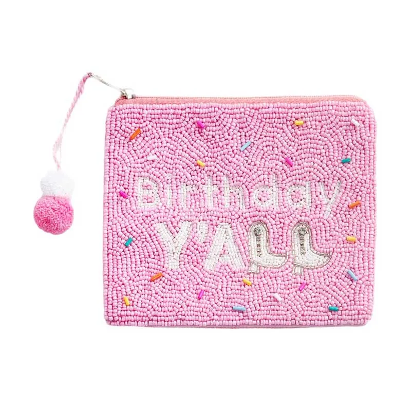 BIRTHDAY Y\'ALL Message Sequin Seed Beaded Mini Pouch Bag