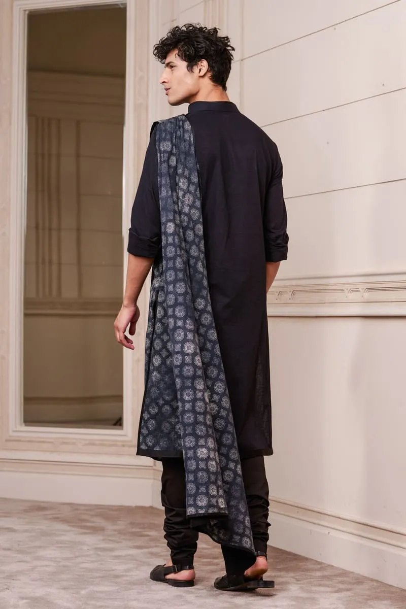 Black Draped Kurta Set with Printed Panel