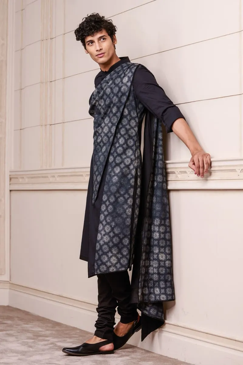 Black Draped Kurta Set with Printed Panel