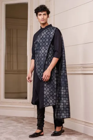 Black Draped Kurta Set with Printed Panel