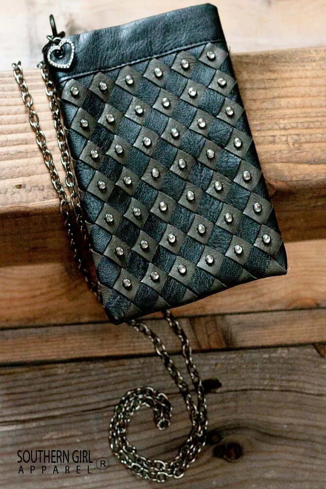 Black Leatherette Mini Crossbody Bag with Rhinestone Embellishments with Chain Strap