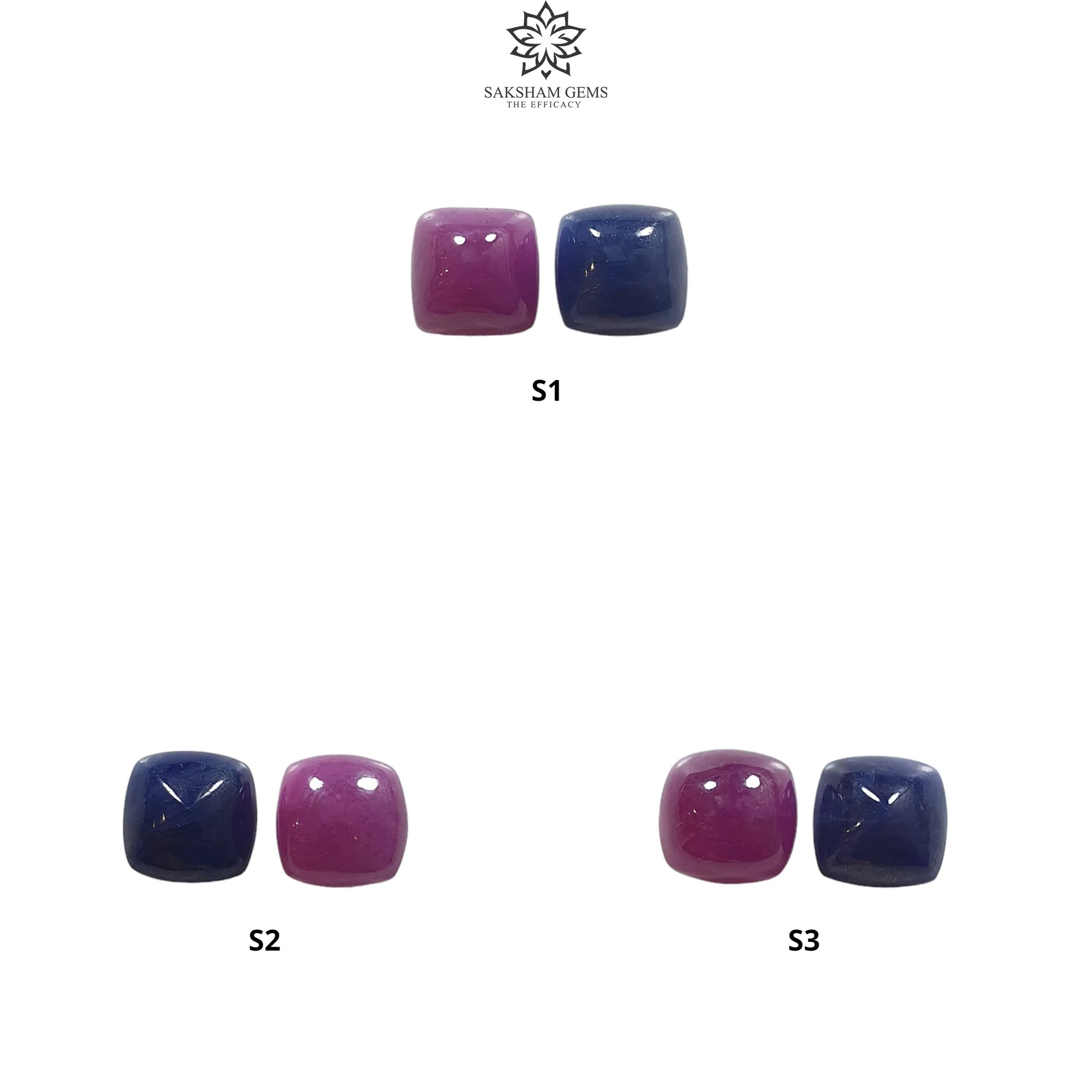 Blue Sapphire & RUBY Gemstone Cabochon : Natural Untreated Unheated Ruby Sapphire Cushion Shape Pair