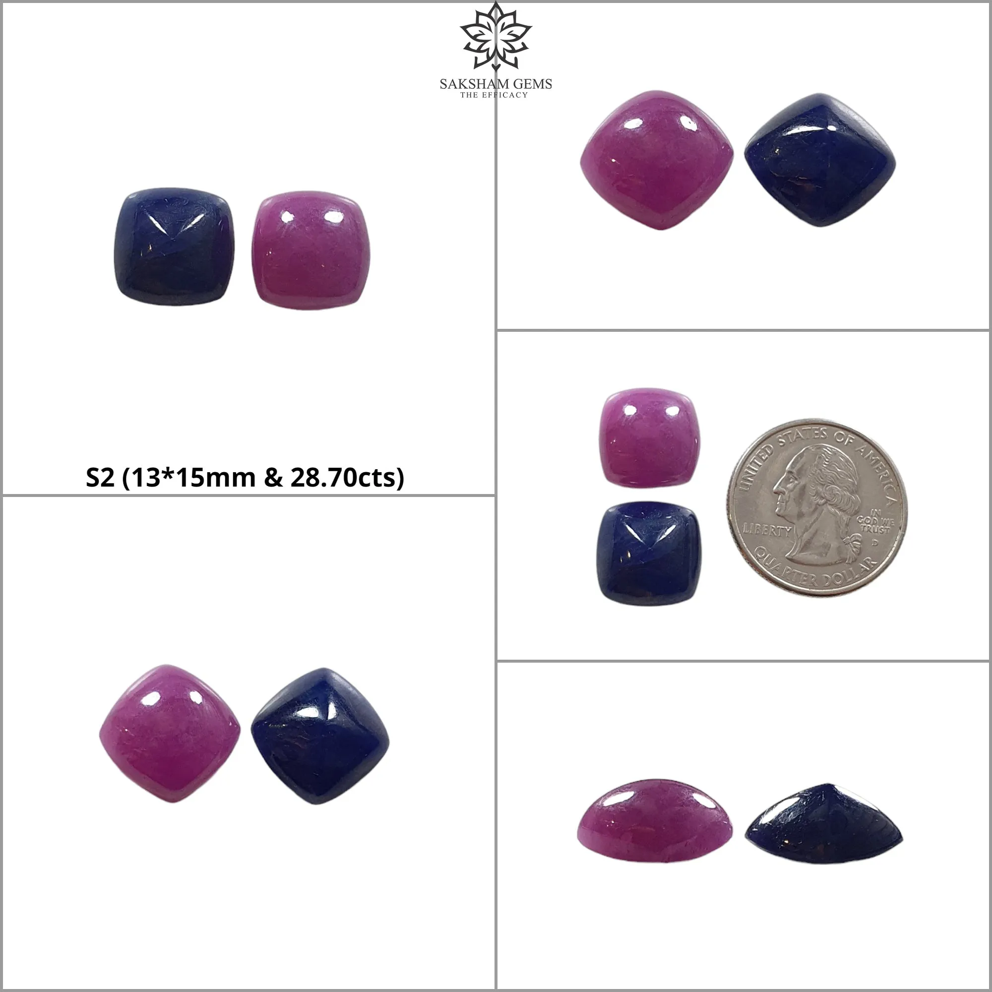 Blue Sapphire & RUBY Gemstone Cabochon : Natural Untreated Unheated Ruby Sapphire Cushion Shape Pair