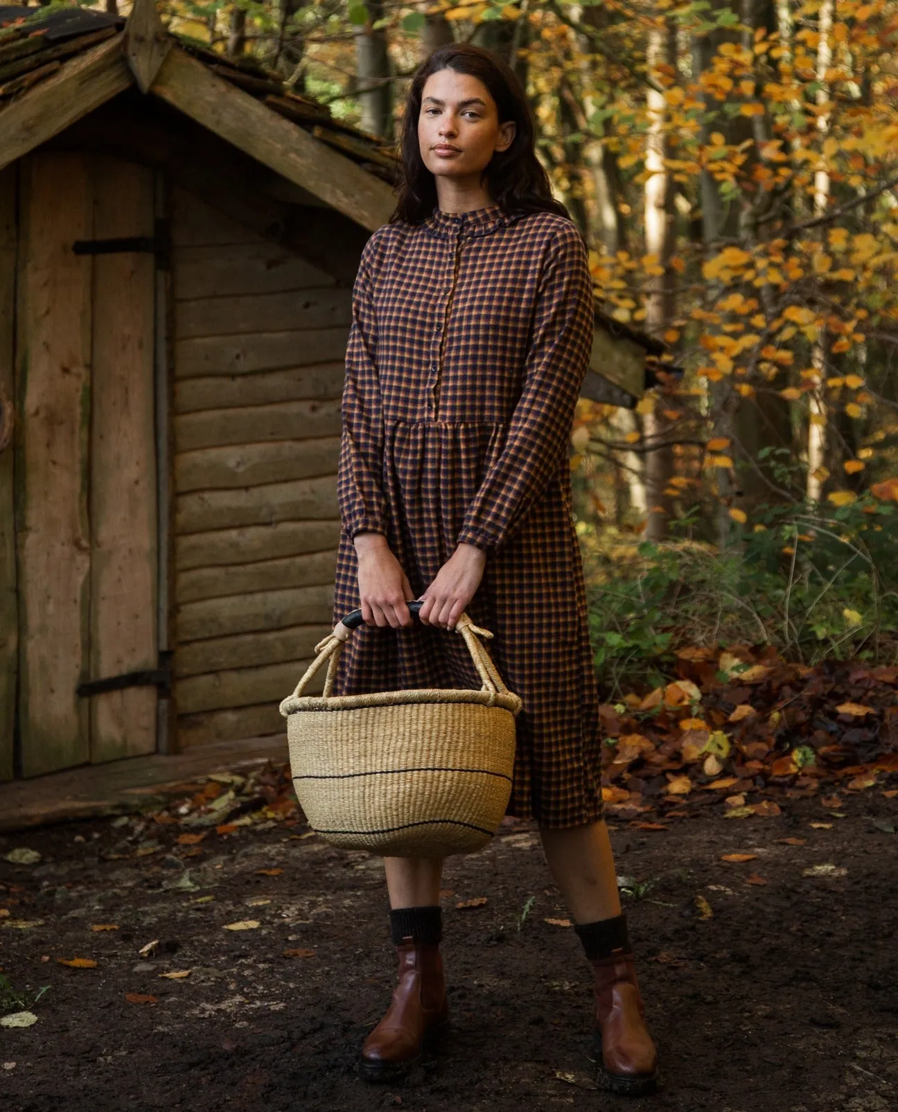 Brier-Cay Organic Cotton Brushed Twill Dress in Navy and Mustard Check