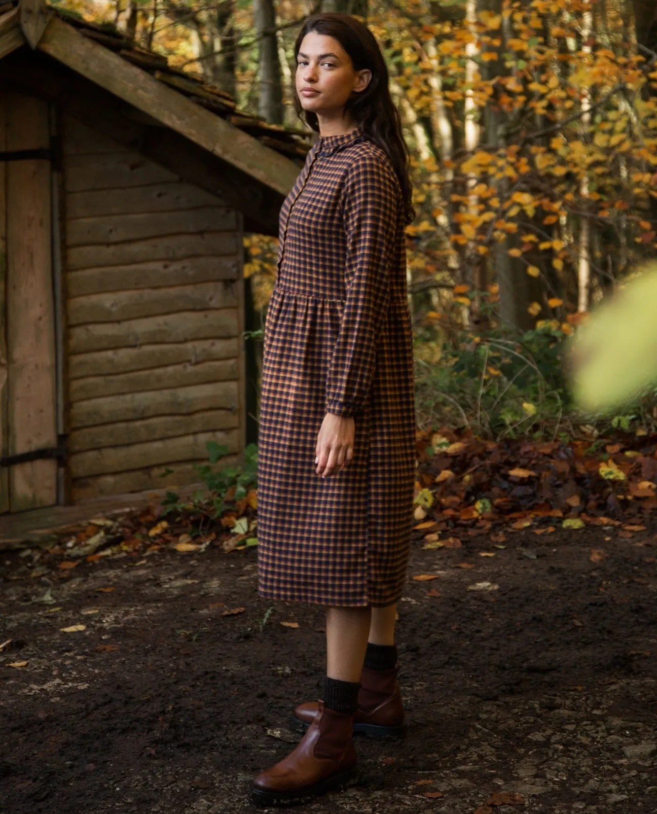 Brier-Cay Organic Cotton Brushed Twill Dress in Navy and Mustard Check