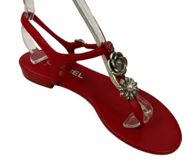 Chanel Red Leather Thong Camellia Flower Pearl Sandals EU 37.5C US 7 Wide