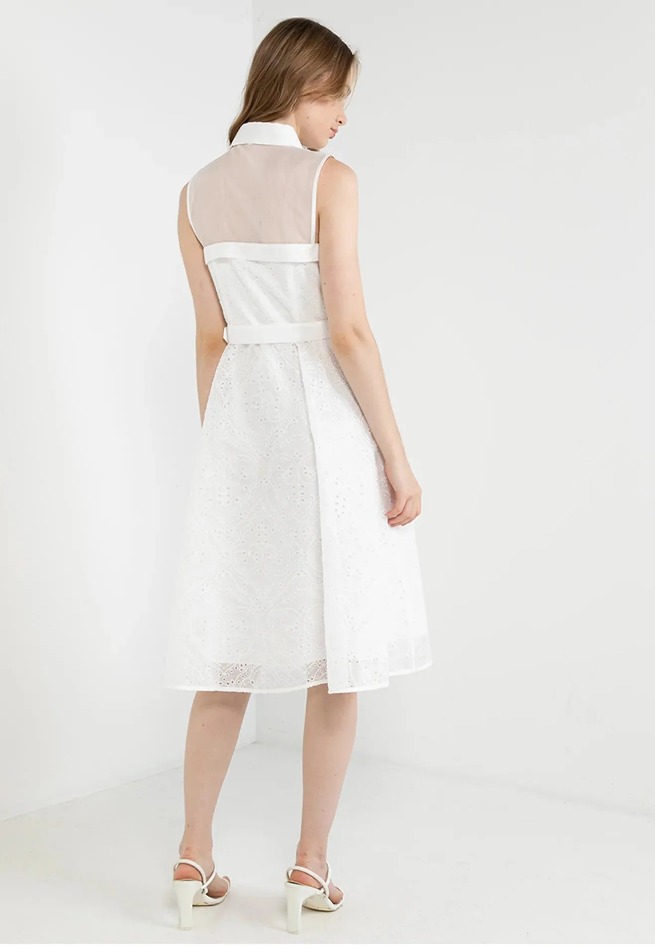 ELLE Apparel Collar Belted Blossom Lace Organza Midi Dress