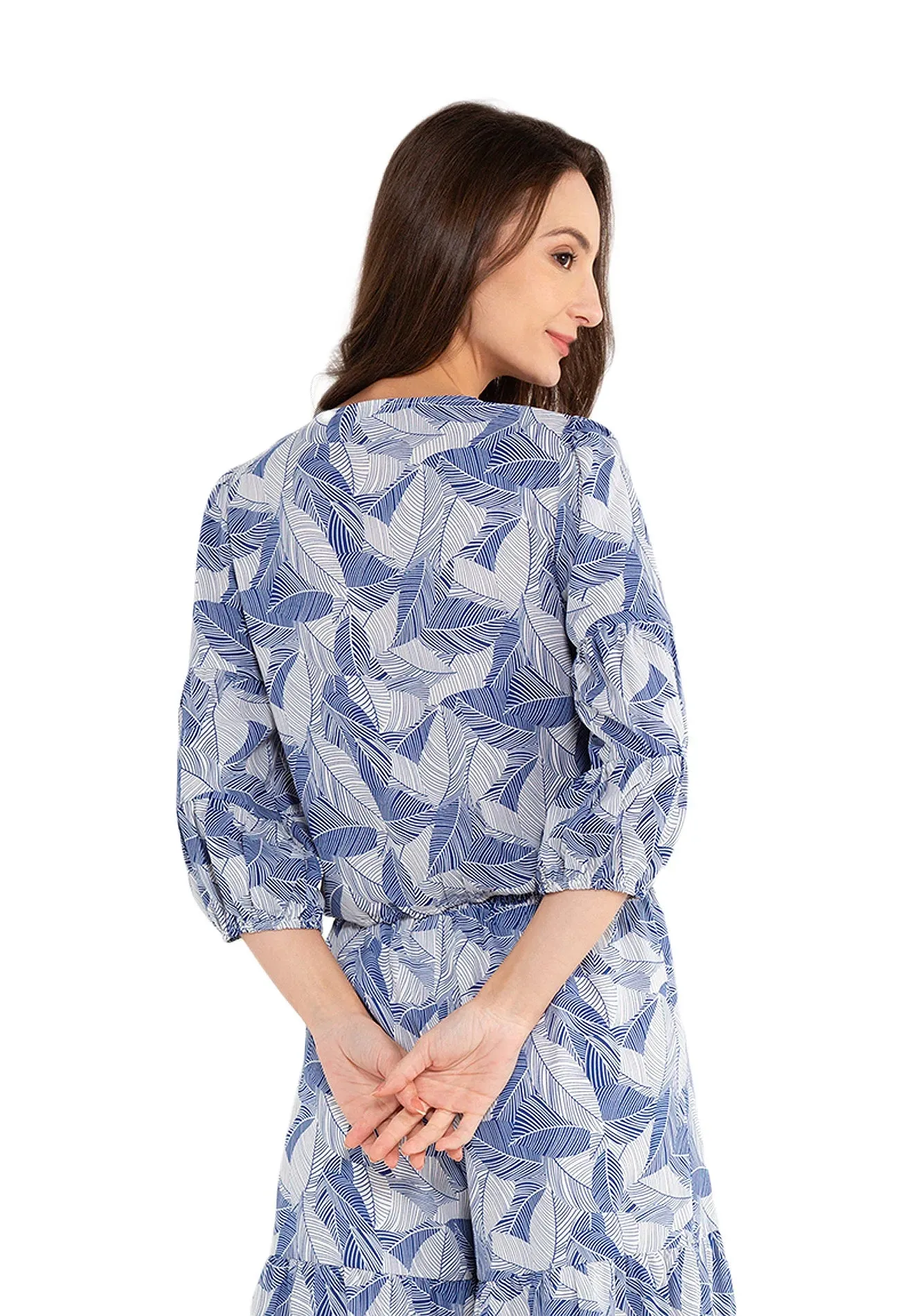 ELLE Apparel Drawstring Tropical Printed Blouse