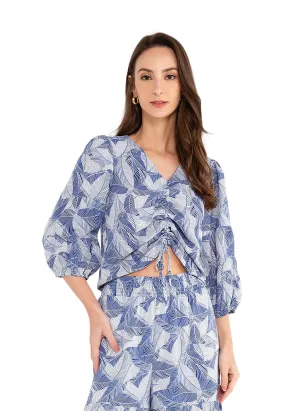 ELLE Apparel Drawstring Tropical Printed Blouse