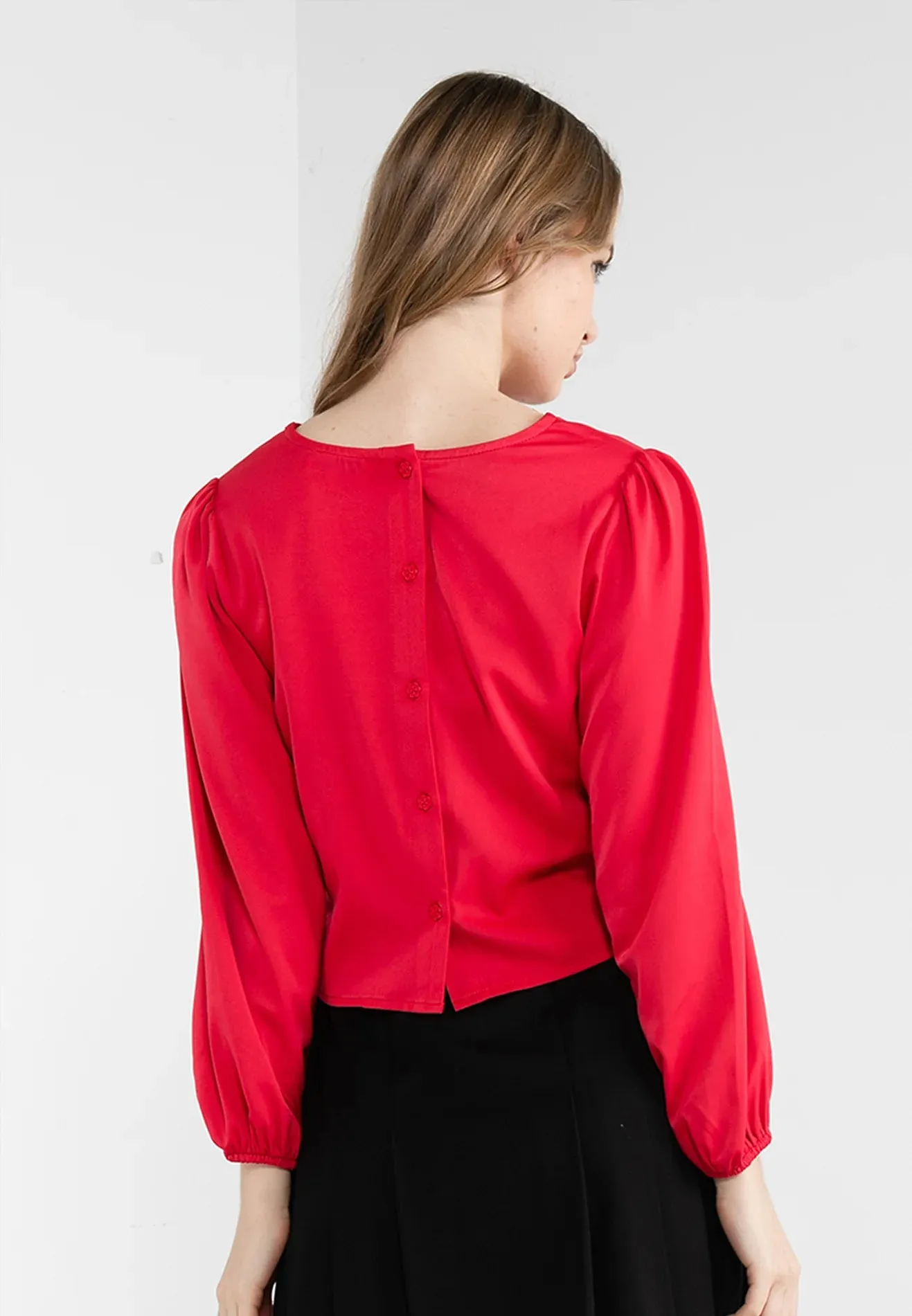 ELLE Apparel Floral Back Button Up Satin Blouse