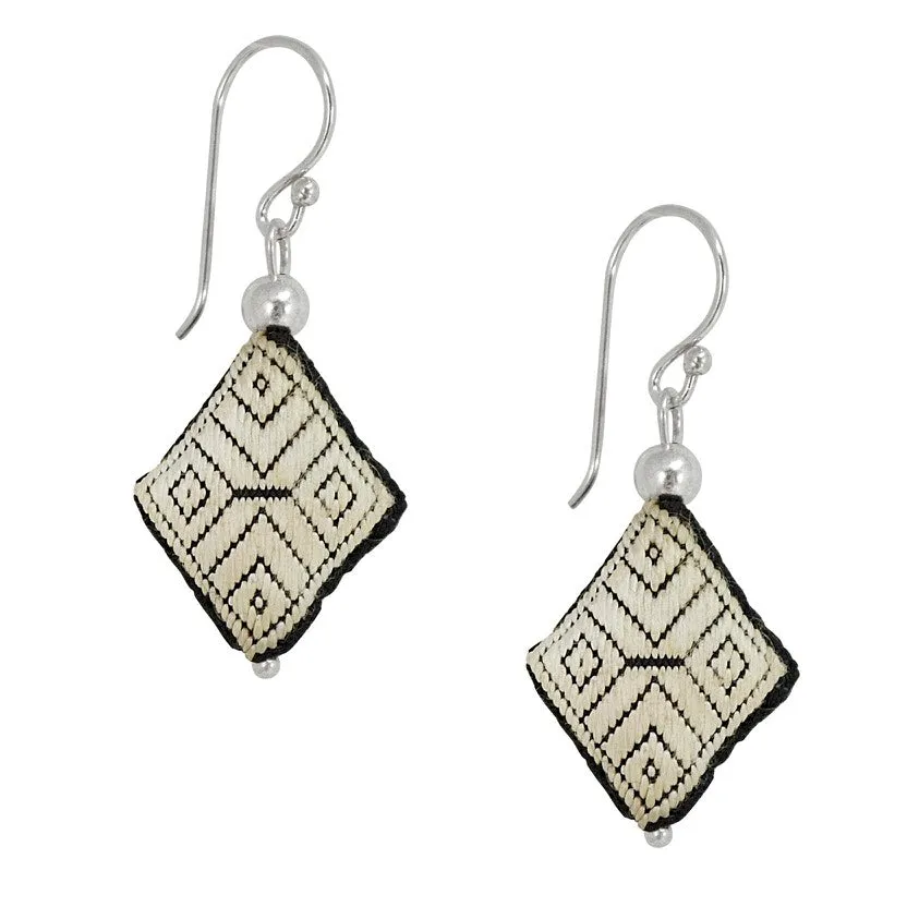 Embroidered Silk Earrings - White and Black