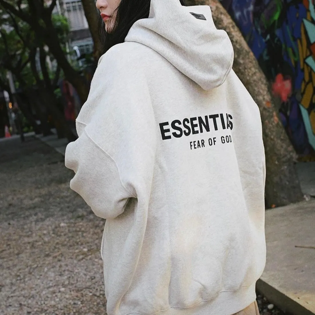 FEAR OF GOD Essentials Felt Logo Hoodie Light Oatmeal