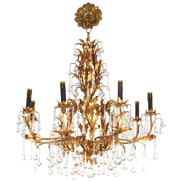 Gilt  and Crystal Chandelier with Eight Lights