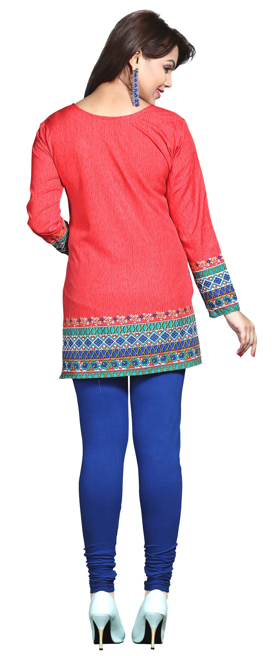 India Short Tunic Top Kurti  Womens Printed Indian Clothing (Red)