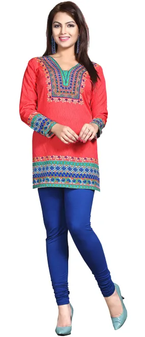 India Short Tunic Top Kurti  Womens Printed Indian Clothing (Red)