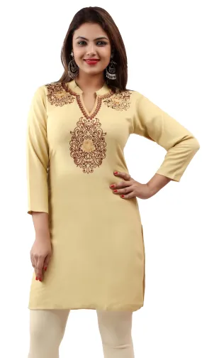 India Women's Tunic Top Kurti Embroidered Indian Clothing (Light Gold, XS)