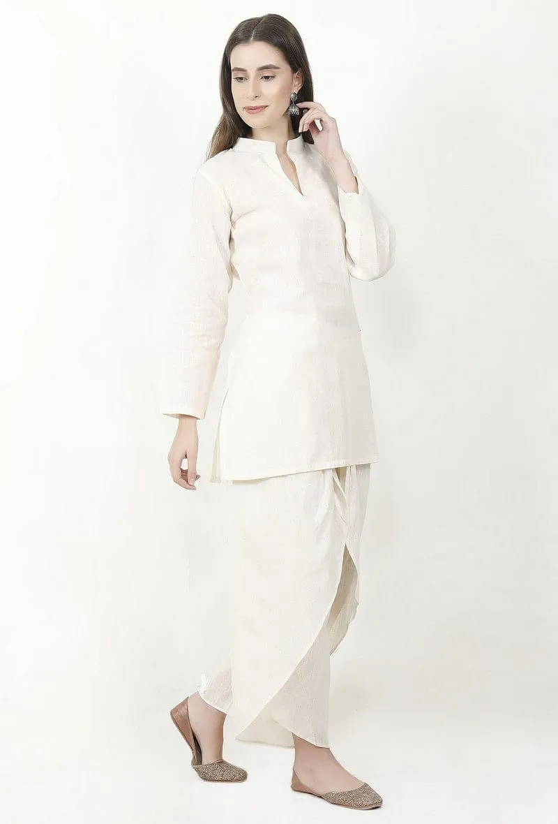 Ivory Cotton Slub Short Kurta With Dhoti