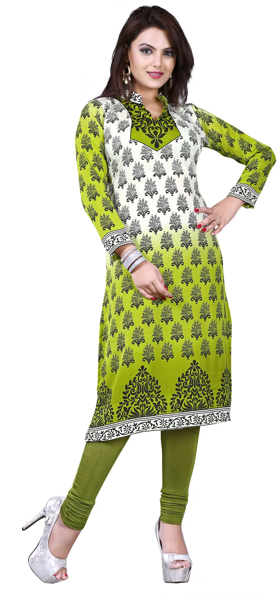 Kurti Top Long Tunic Womens Printed Blouse India Clothing (Green)