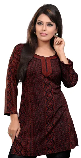 Kurti Top Tunic Womens Printed Blouse India Clothing (Maroon)