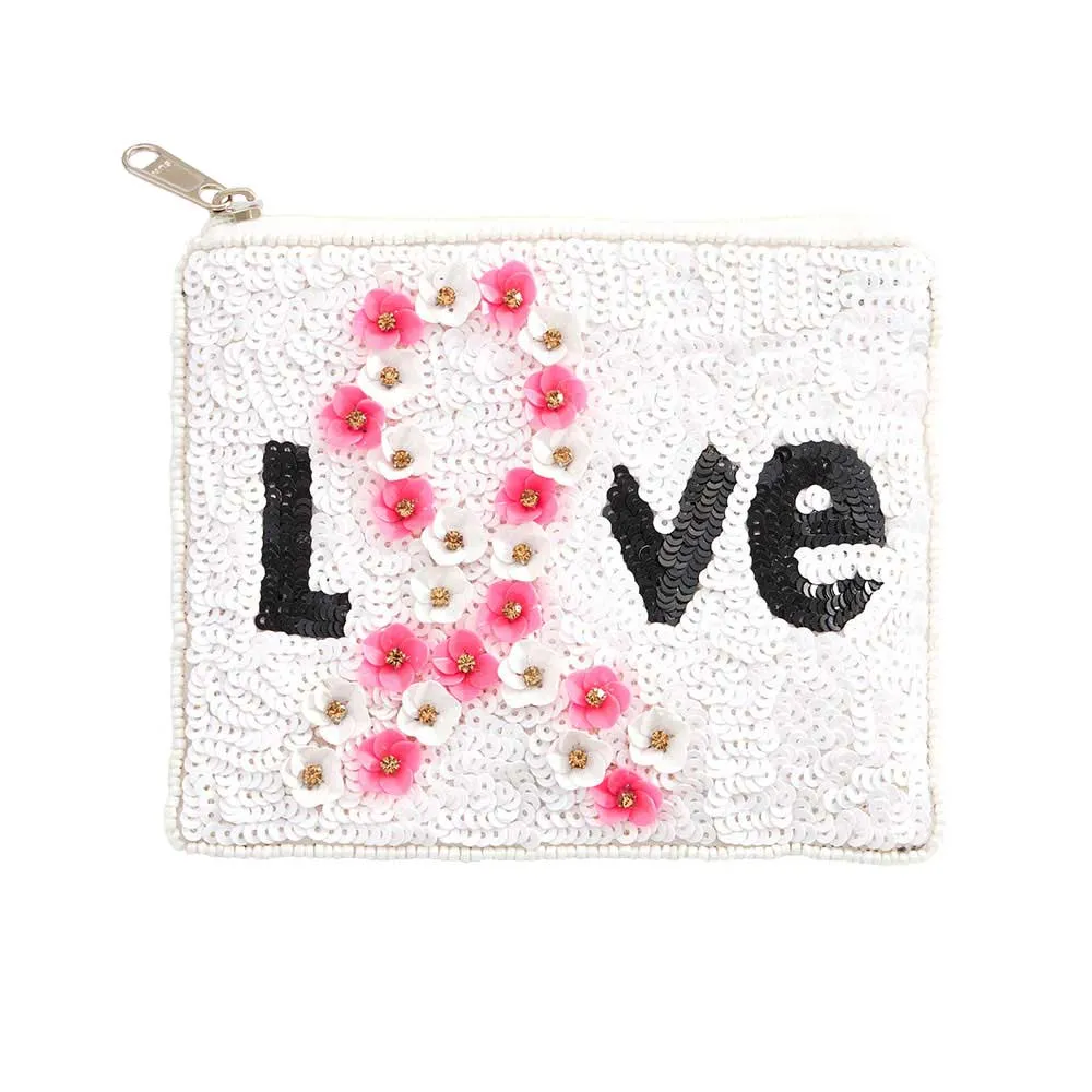 Love Message Sequin Flower Pink Ribbon Mini Pouch Bag