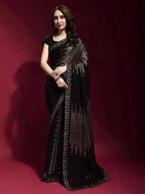 Odette Women Black And Gold Georgette Sequence Saree With Unstitched Blouse