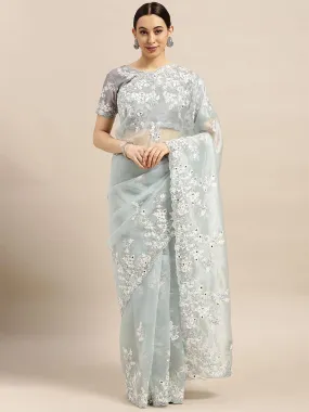 Odette Women Organza Grey Embroidered Designer Saree With Blouse Piece