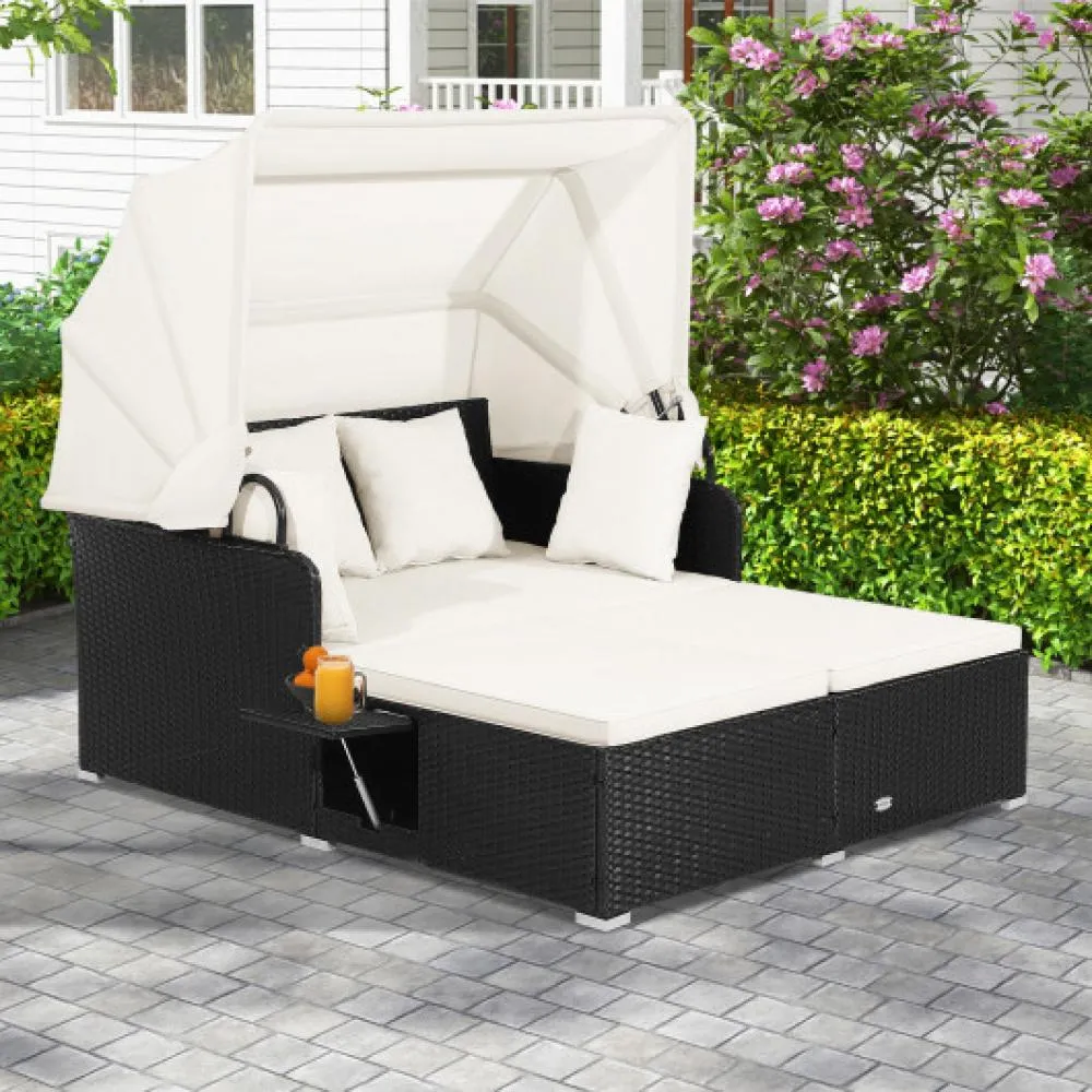 Patio Rattan Daybed with Retractable Canopy and Side Tables-Turquoise