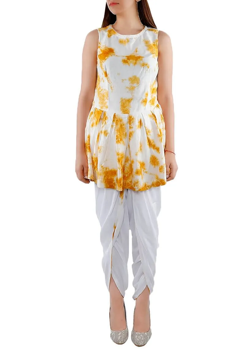 Set Of Yellow Tie Dye Cotton Top And Rayon Dhoti