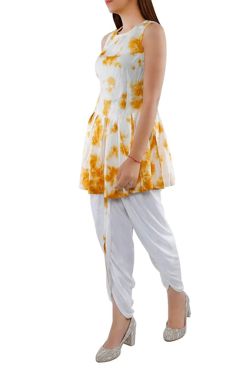 Set Of Yellow Tie Dye Cotton Top And Rayon Dhoti