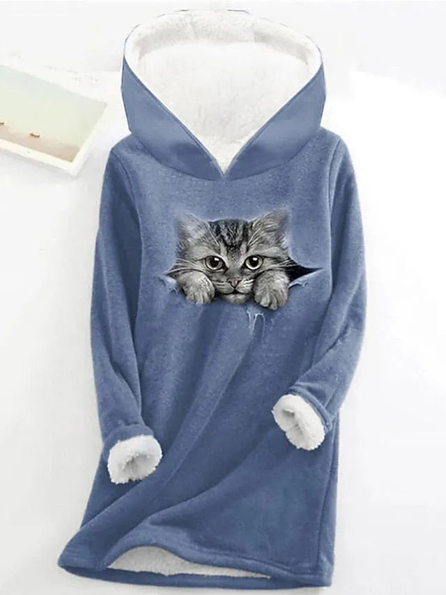 Sherpa Fleece Lined Cat and Butterfly Zip-Up Hoodie Sweatshirt