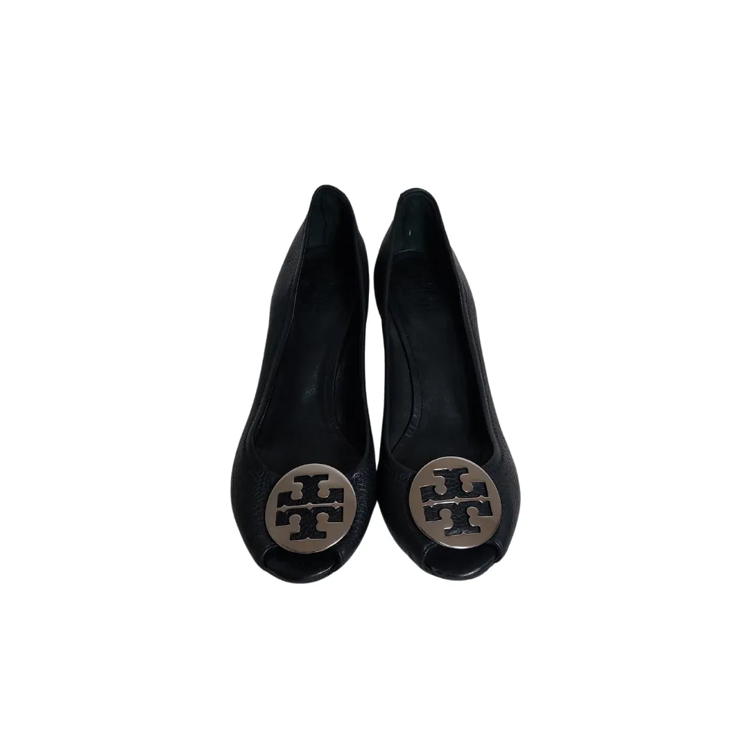 Tory Burch Black Leather Peep-Toe Wedges | Pre Loved |