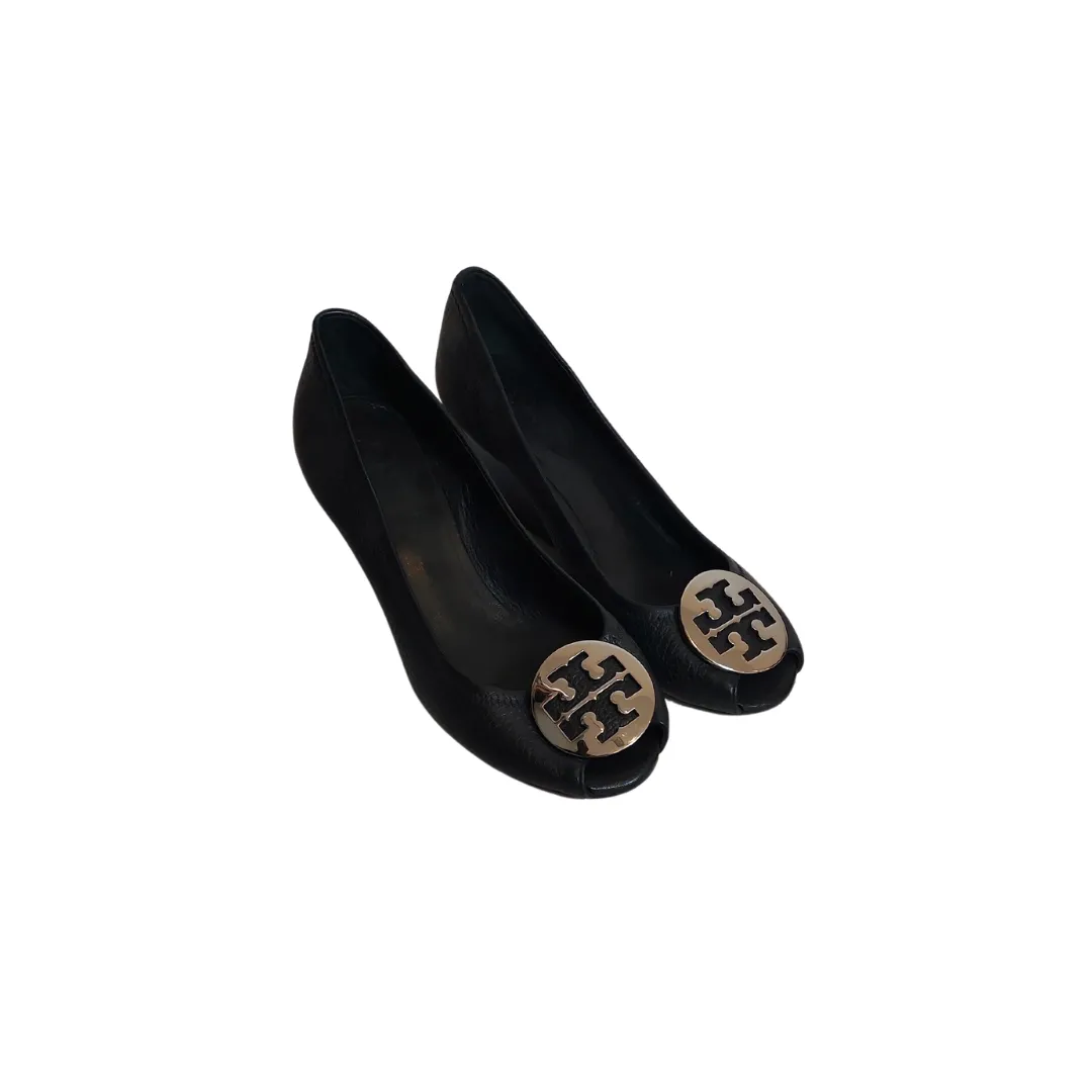 Tory Burch Black Leather Peep-Toe Wedges | Pre Loved |