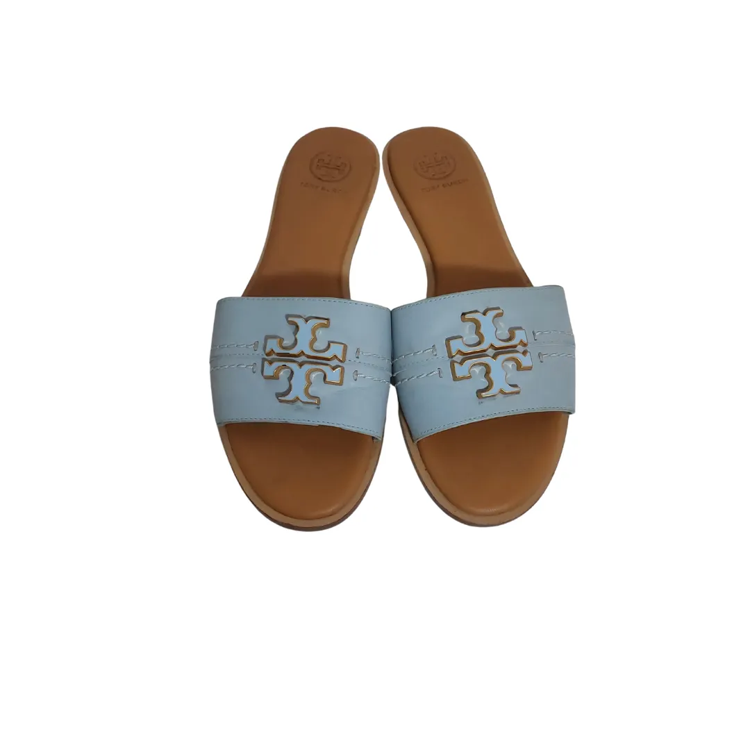 Tory Burch Sky Blue Everly Leather Slides | Pre Loved |