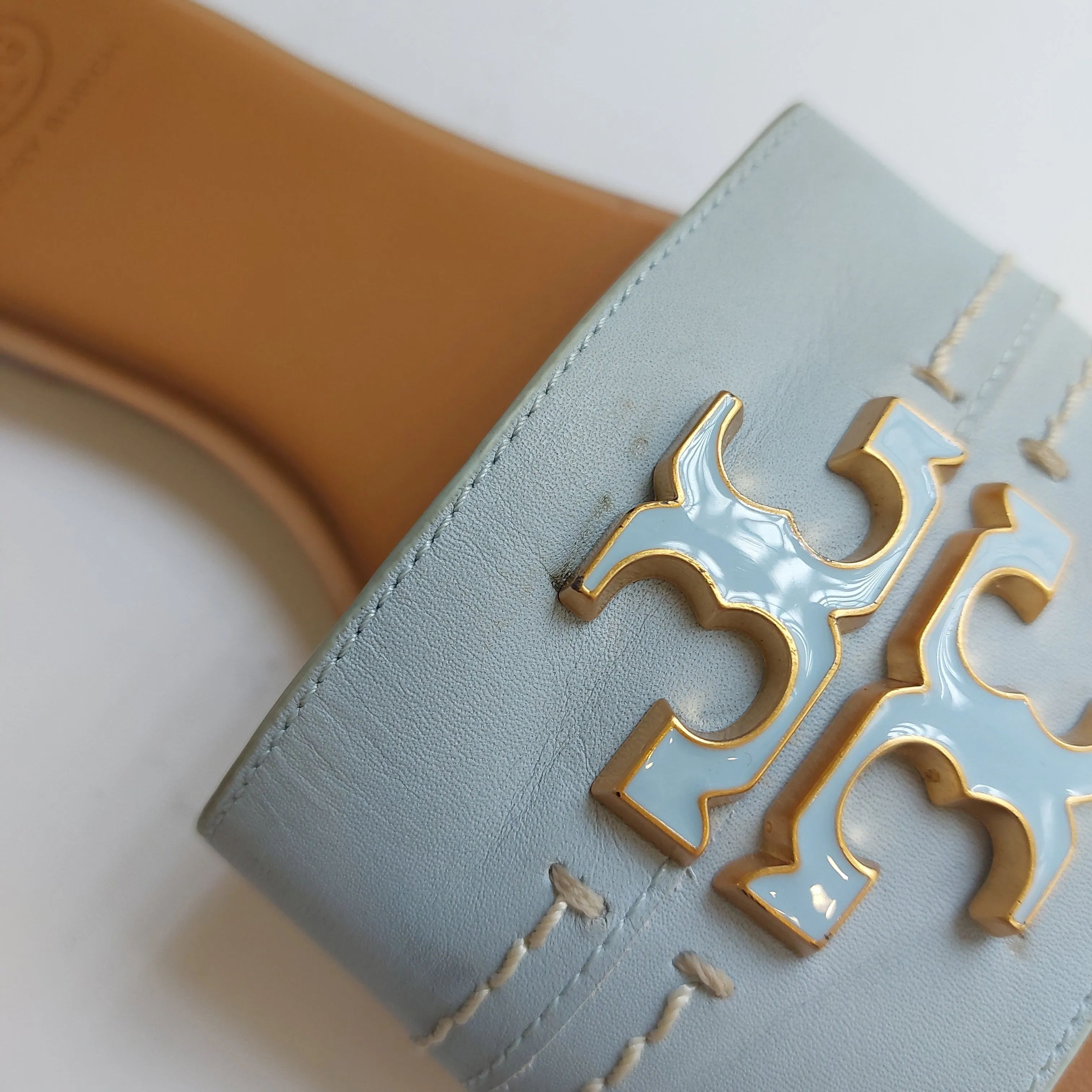 Tory Burch Sky Blue Everly Leather Slides | Pre Loved |