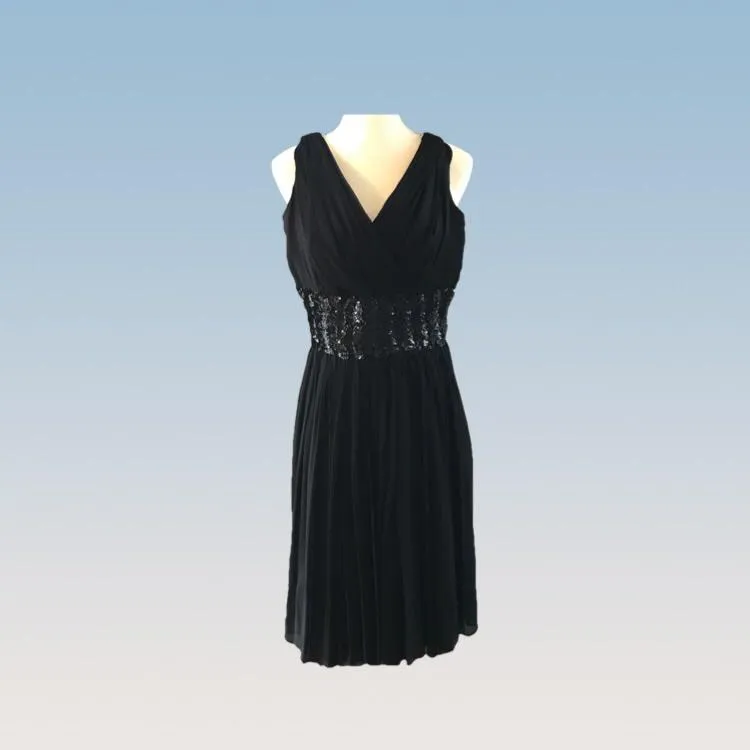 Vintage 1950s Black Chiffon Fit and Flare Dress with Sequin Waist. Perfect for Prom.