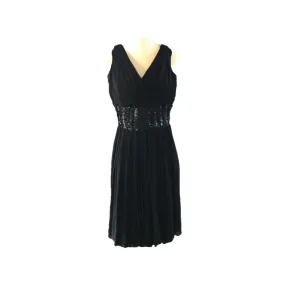 Vintage 1950s Black Chiffon Fit and Flare Dress with Sequin Waist. Perfect for Prom.