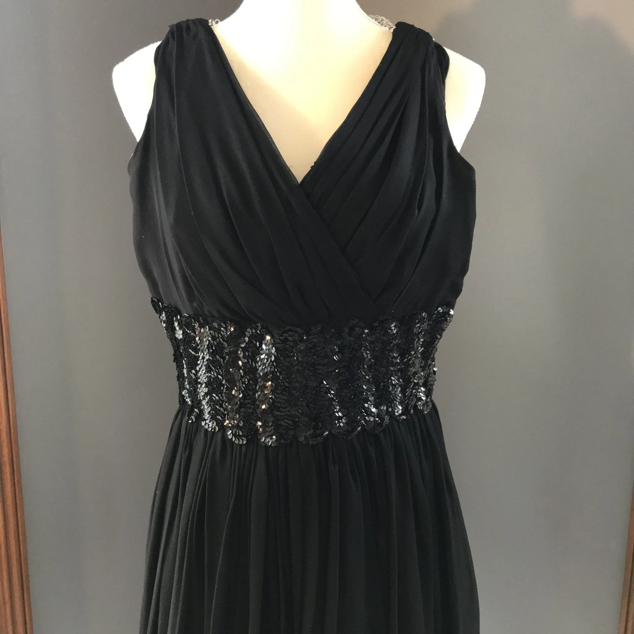 Vintage 1950s Black Chiffon Fit and Flare Dress with Sequin Waist. Perfect for Prom.