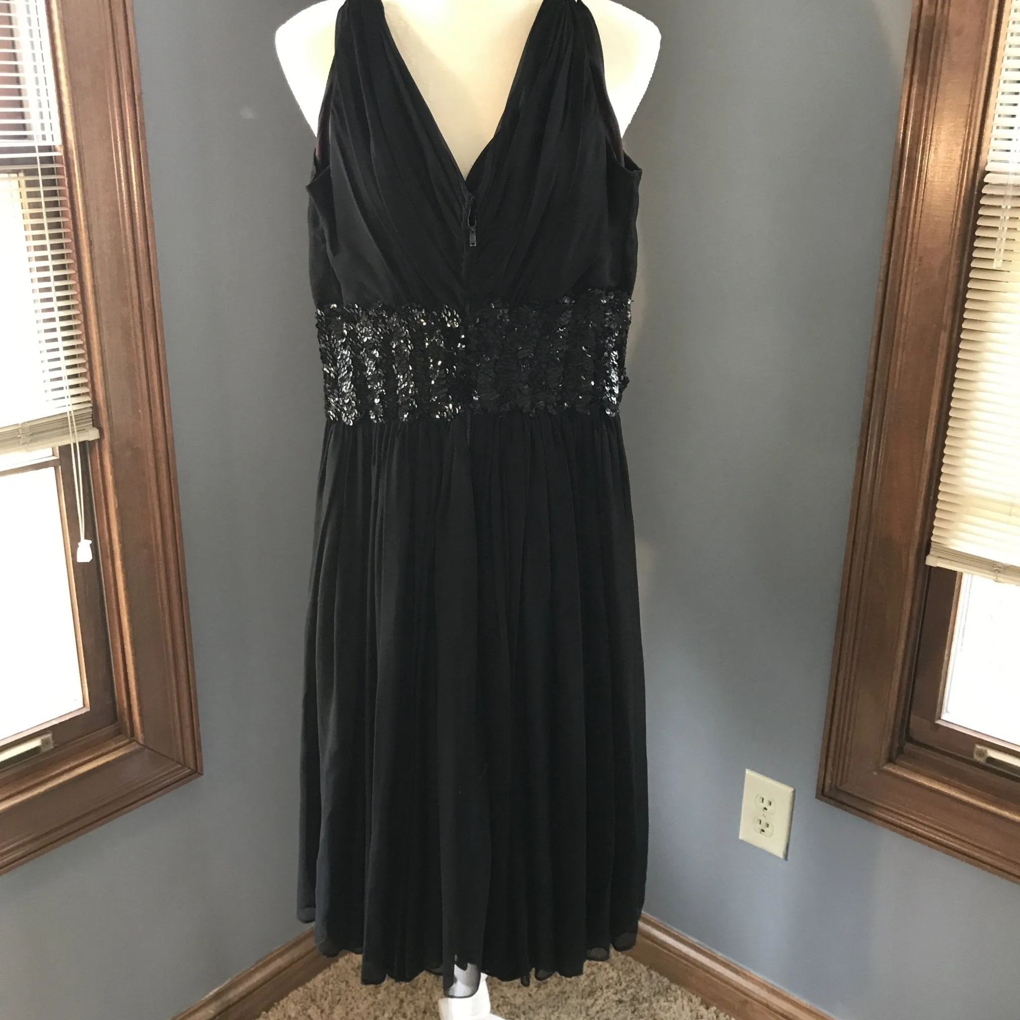 Vintage 1950s Black Chiffon Fit and Flare Dress with Sequin Waist. Perfect for Prom.