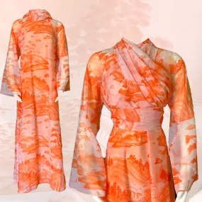 Vintage Chiffon Orange and Peach Dress with Asian Print. Flowy Scarf can be worn 4 Different Ways.