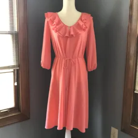 Vintage Coral Dress with Ruffled Neckline by Saks Fifth Avenue. Perfect Summer Dress.