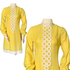 Vintage Yellow Linen Dress with Lace Daisies by Miss Elliette. Bohemian 1960s Sustainable Fashion.