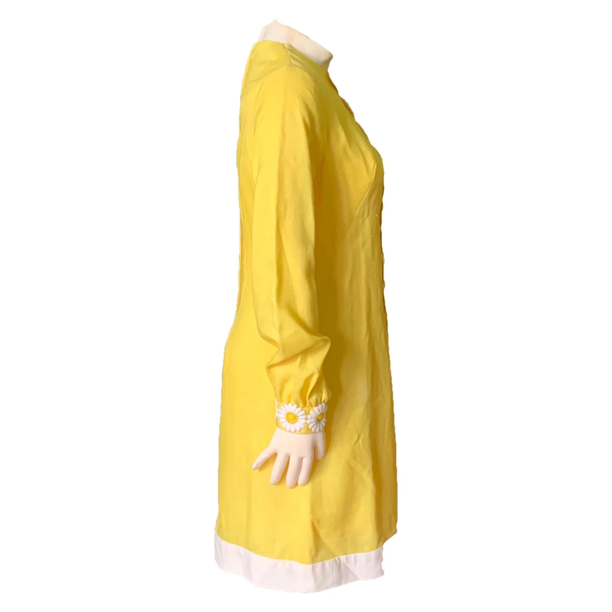 Vintage Yellow Linen Dress with Lace Daisies by Miss Elliette. Bohemian 1960s Sustainable Fashion.