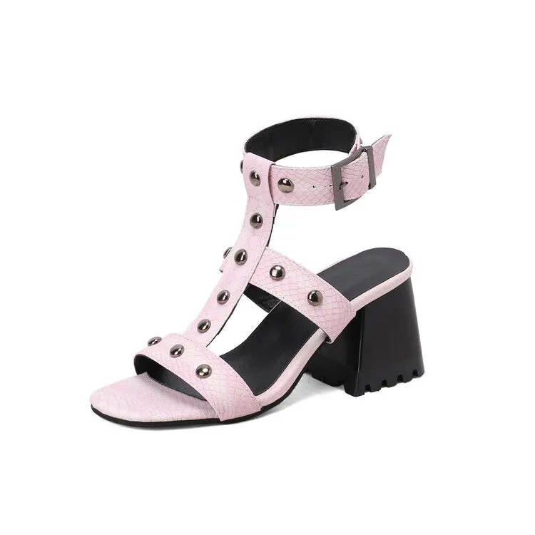 Women's Square Toe Rivets Block Chunky Heel Gladiator Sandals